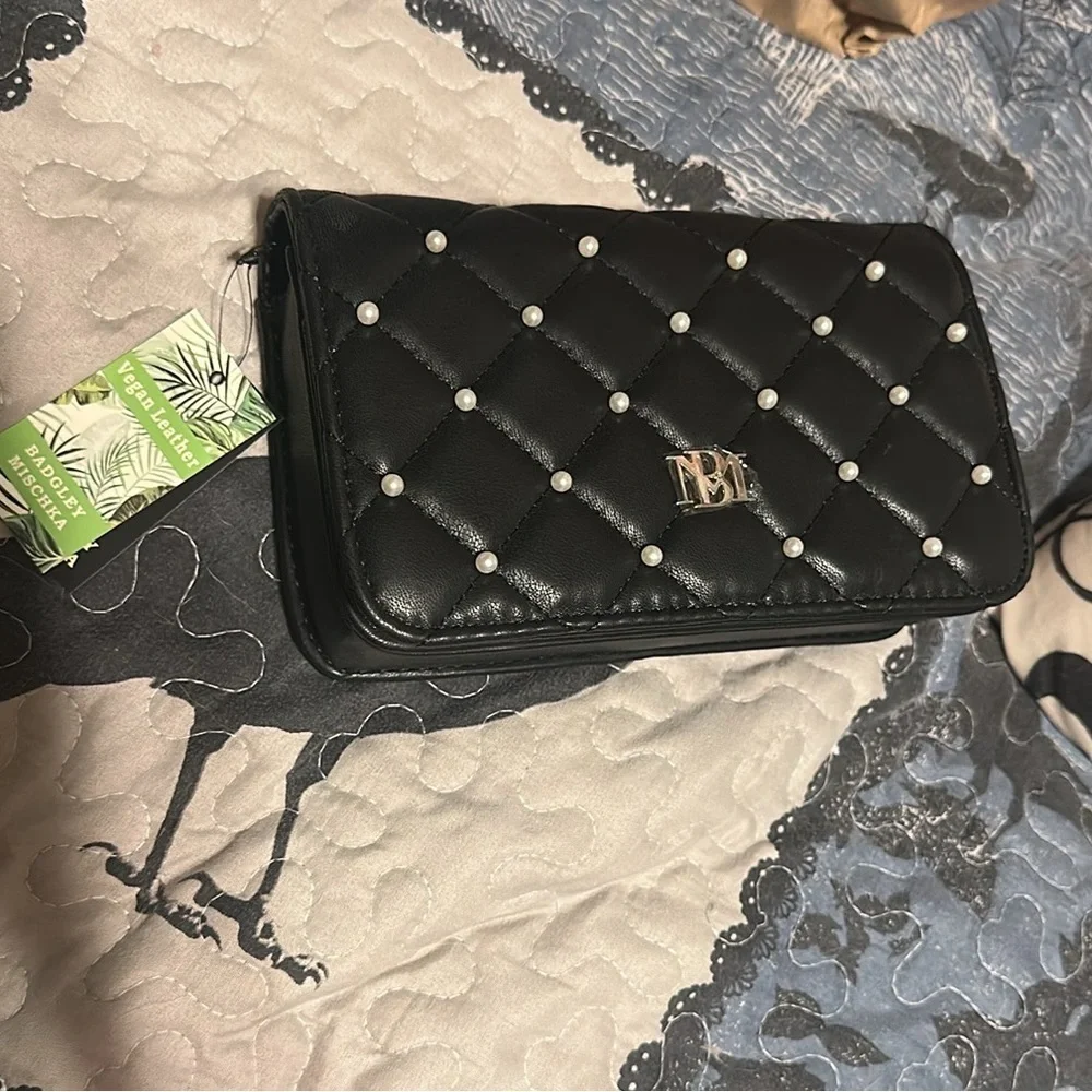 Badgley Mischka diamond quilted cross body with pearls black